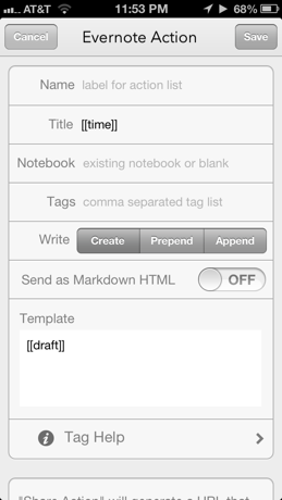 New Evernote Action screen